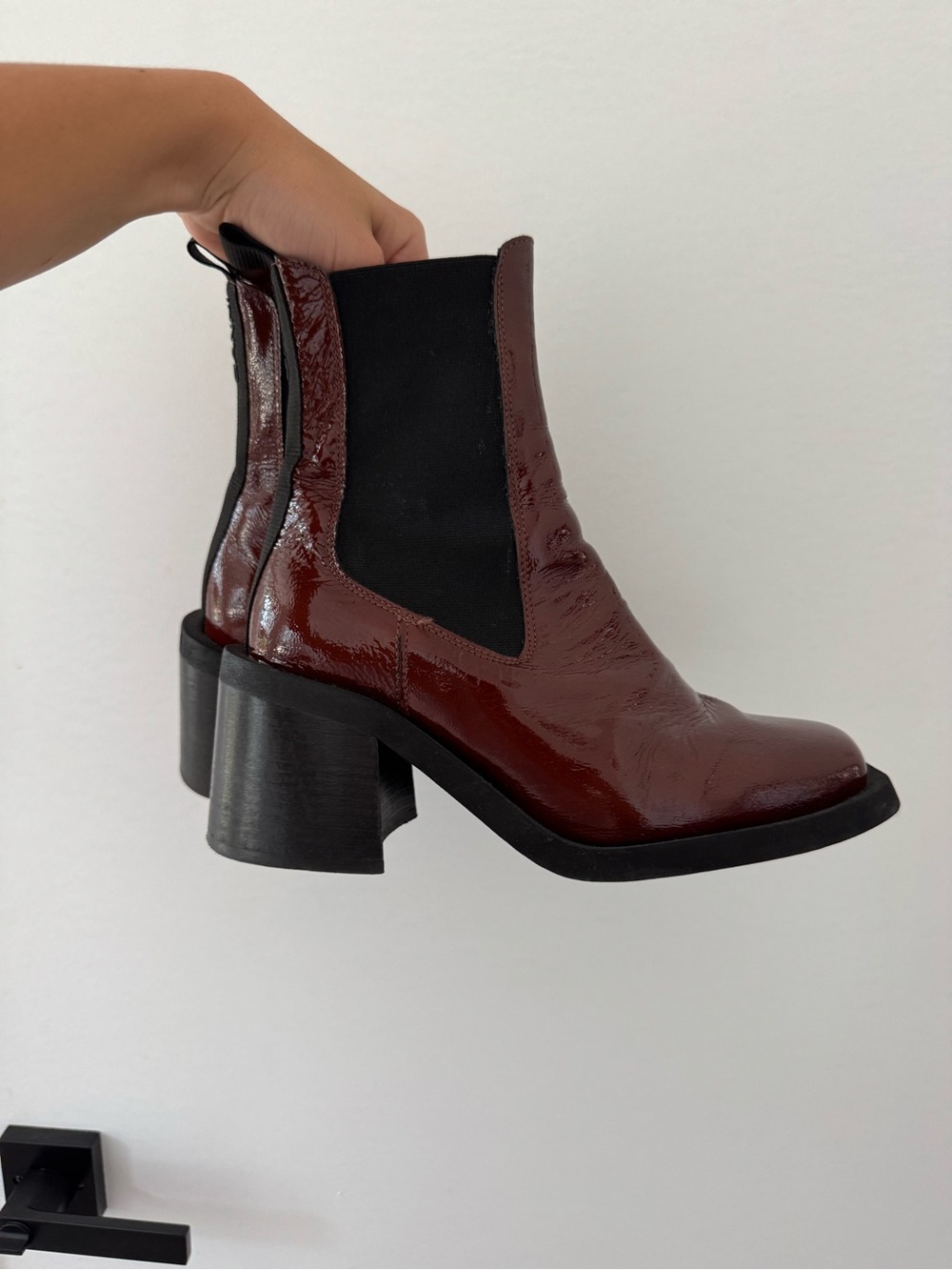 Ganni Burgundy Patent Leather Chelsea Booties with Chunky Heel